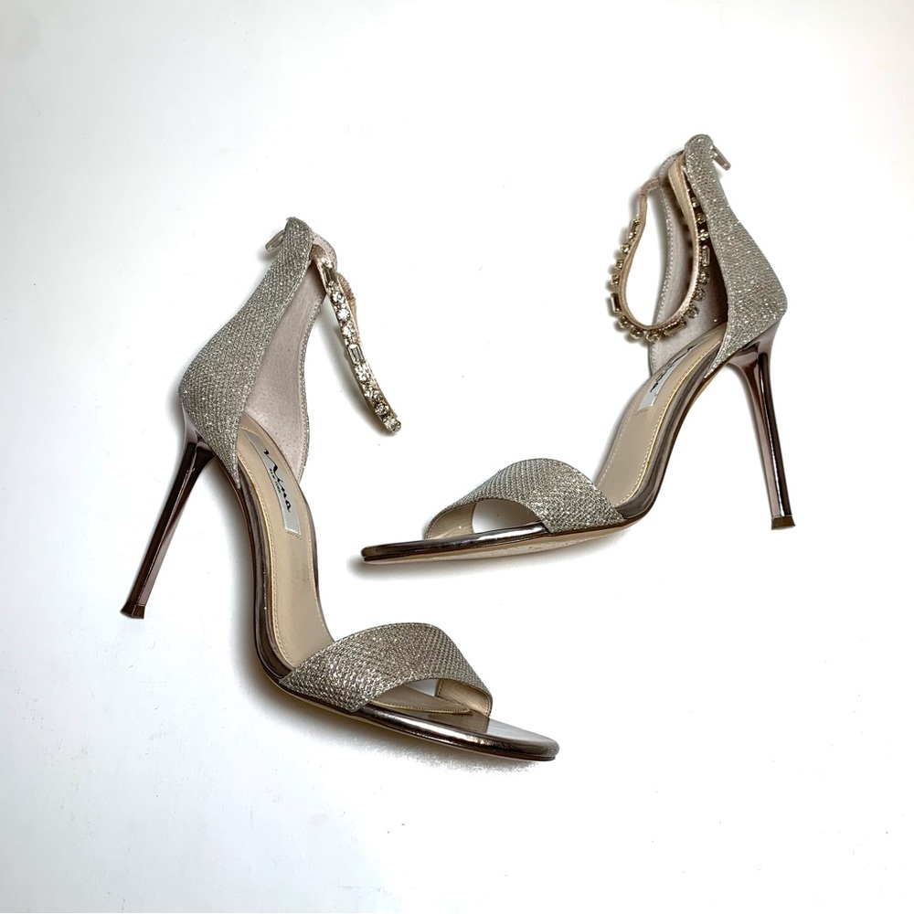 Nina Sparkly Stilettos Diamante Rhinestone Ankle Strap Sandal Open Toe Size 8.5